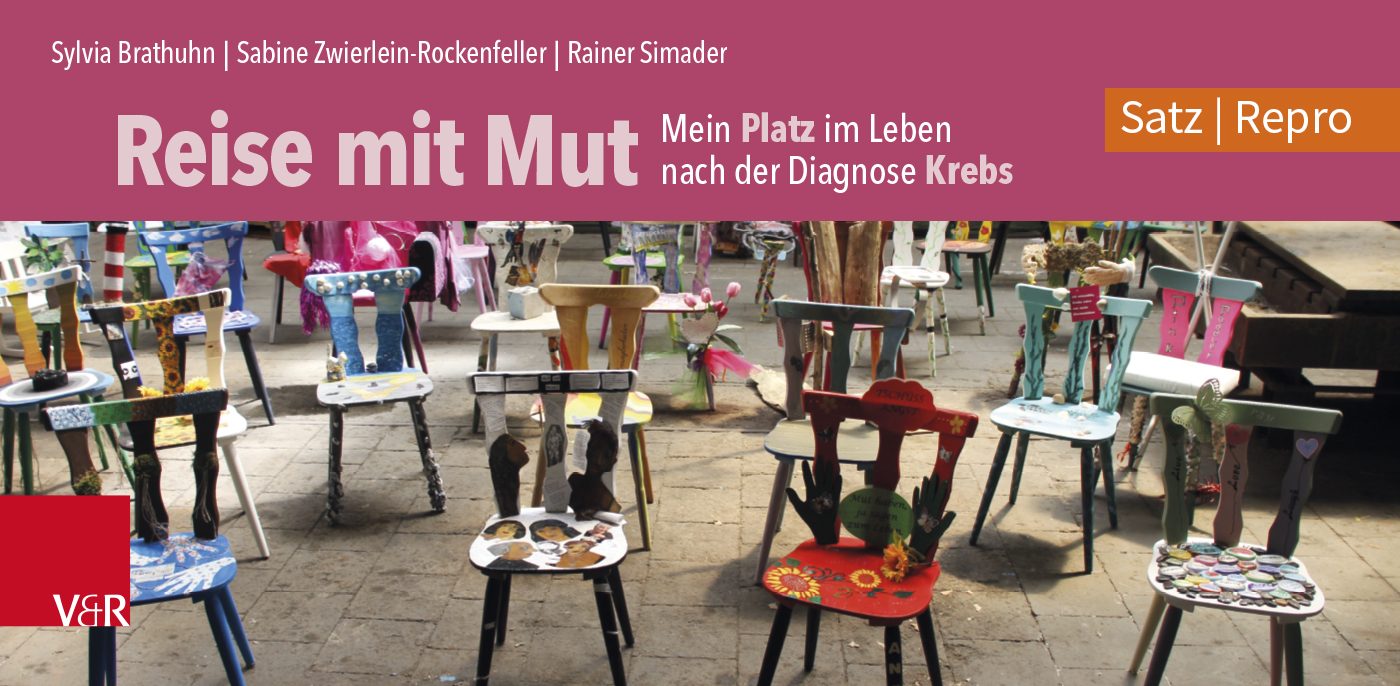 Deutsch: Buchcover „Reise mit Mut: Mein Platz im Leben nach der Diagnose Krebs" von Sylvia Brathuhn, Sabine Zwierlein-Rockenfeller und Rainer Simader, veröffentlicht im V&R Verlag. Satz und Repro von SchwabScantechnik English: Book cover "Reise mit Mut: Mein Platz im Leben nach der Diagnose Krebs" by Sylvia Brathuhn, Sabine Zwierlein-Rockenfeller and Rainer Simader, published by VdR Verlag. Typesetting and Repro by SchwabScantechnik.